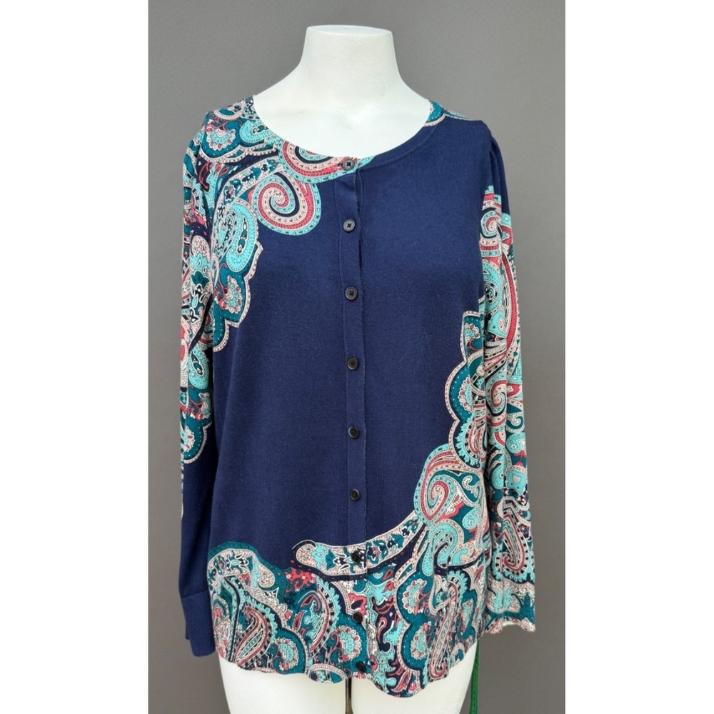 Talbots Navy Teal Charming Cardigan Plus 1X Bright Paisley Button Front Sweater